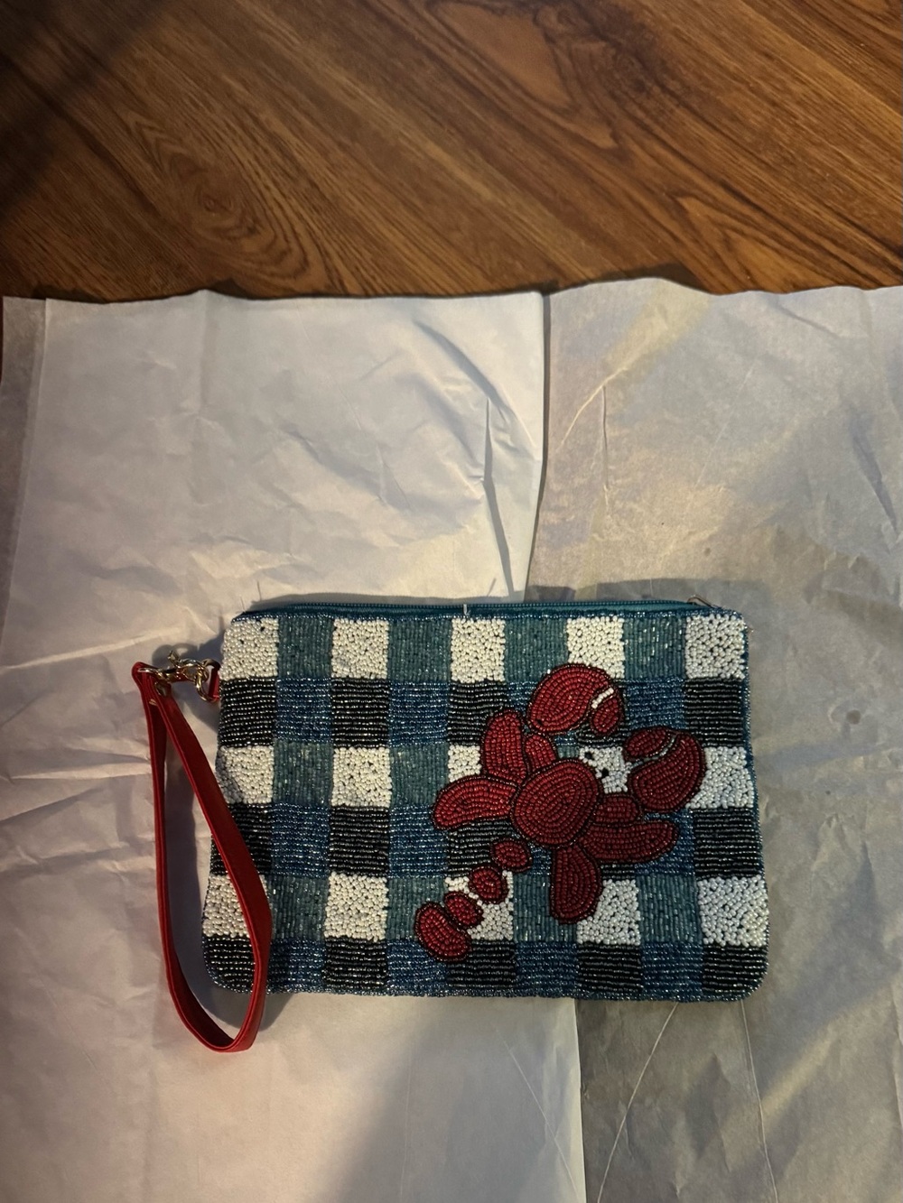 Beaded Blue Plaid Wristlet with Red Lobster Motif